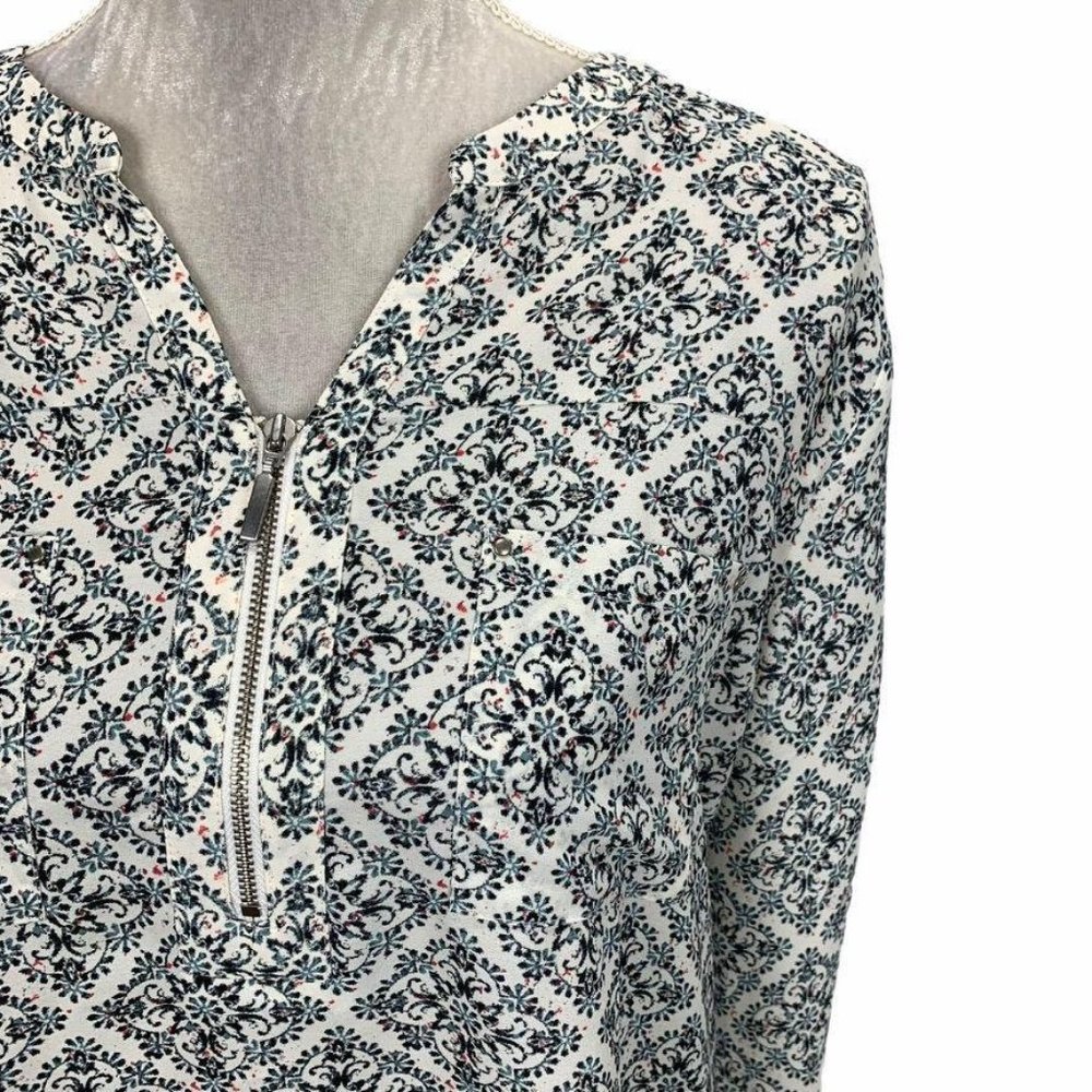 Maurices Mixed Print Blouse Button Tab Sleeve L - image 2